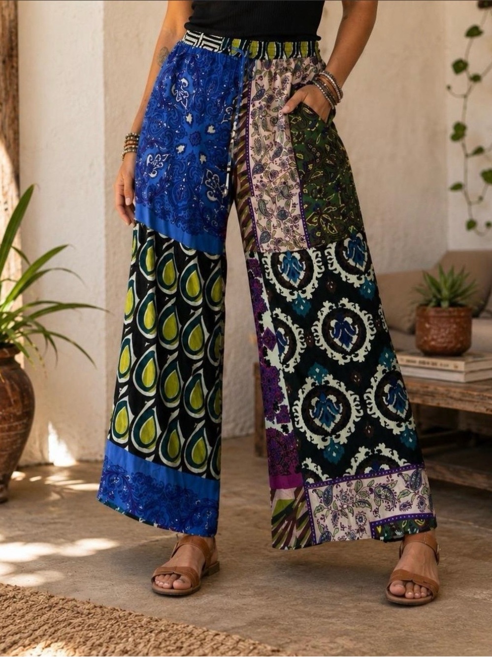 Zara Bohemian Patchwork Wide-Leg Pants Size Medium A00357